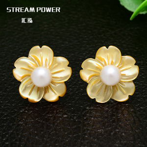 韩版女式天然贝壳白色花朵耳钉珍珠母贝花卉纯银耳坠无耳洞耳夹