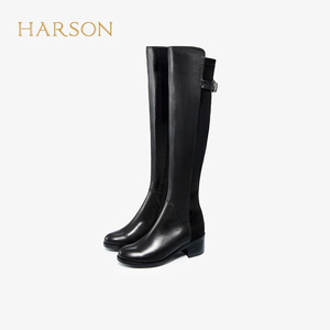 Harson/哈森正品2023冬款真皮过膝弹力靴粗跟高筒靴女靴HA15801