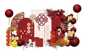 中国风红金色百日十周岁生日宝宝宴寿宴派对迎宾背景布置PSD素材