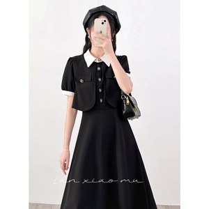 兰小慕法式假两件气质高级感黑色短袖连衣裙女2024夏季女装裙子