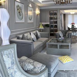 美式实木莫里印象布艺软包简约小户型客厅双三人组合沙发脚蹬家具