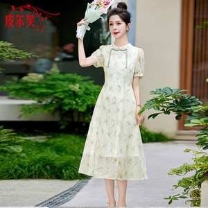 新中式国风连衣裙女装夏季新款优雅减龄时尚修身雪纺印花中长裙子
