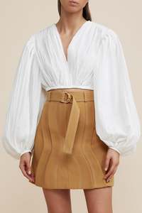 Acler澳洲正品代购白色长袖雪纺衬衫焦糖色高腰曲线短裙半身裙