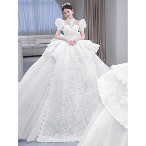 冰雪蓝主婚纱2024新款新娘法式高端重工奢华拖尾高级感泡泡袖夏季