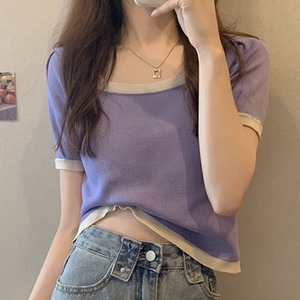 欧货紫色方领短袖t恤女2023夏季新款修身显瘦薄款短款针织衫上衣