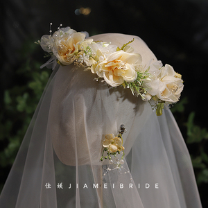 ins森林系香槟色花朵新娘花环头饰度假配饰婚纱摄影写真绿植婚礼