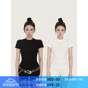 PEMPL短袖t恤女夏季新款黑白基础舒适圆领中长款修身显瘦体恤上衣