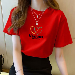 韩版ins纯棉时尚T桖衫2024年新款红色短袖t恤女夏季半袖百搭上衣