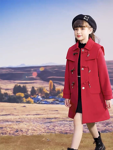 女童毛呢大衣外套2023秋冬季新款加厚羊角扣红色呢子洋气拜年服
