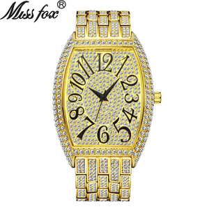 MISSFOX手表 欧美爆款时尚镶钻酒桶型满钻大表盘石英男士手表