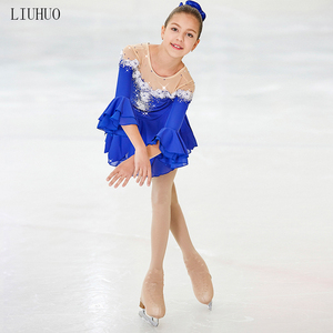 LIUHUO花样滑冰表演服女成人儿童长袖滑冰演出服考级服溜冰裙蓝色