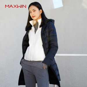 MAXWIN马威高级轻薄羽绒服女长款白鸭绒羽绒服冬外套连帽显