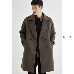 w2x冬季双排扣羊毛呢子大衣男中长款加厚风衣宽松廓形妮子外套潮