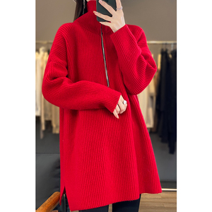 本命年秋冬新款红色高领毛衣女中长款开叉羊绒宽松加厚外穿羊毛衫