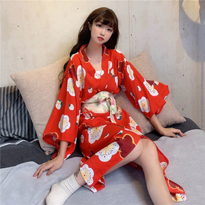 神明少女日式和服睡衣女复古红色印花睡裙日本樱花长款浴衣浴袍