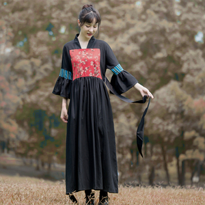 布尚2020春夏民族风女装棉麻连衣裙汉服改良式高腰微喇袖甜美长裙