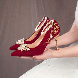 红色订婚鞋新娘鞋秀禾婚纱两穿2024新款中式孕妇敬酒服高跟鞋细跟