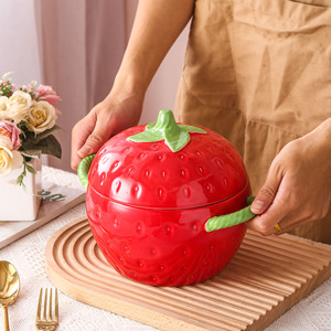 高颜值草莓陶瓷双耳大汤碗带盖家用可爱泡面碗餐具汤盆螺蛳粉专用