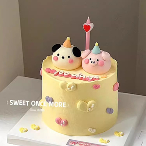 网红奶酪蛋糕装饰摆件卡通可爱小猪小狗摆件彩色蜡烛儿童生日插件