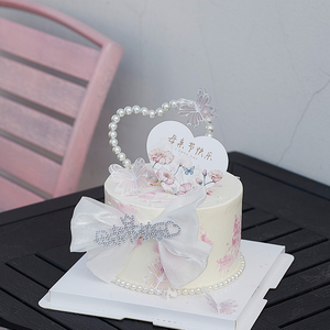 母亲节蛋糕装饰珍珠爱心小插件中式妈妈节日快乐卡片唯美蛋糕插牌