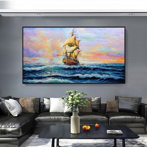 手绘油画乘风破浪横幅客厅沙发背景装饰画帆船北欧风景现代壁画