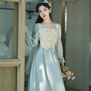 新中式显瘦气质甜美仙女超仙森系连衣裙春秋新款复古收腰小众长裙