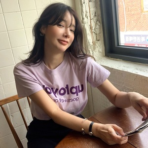 金子 ribbontie韩国官网代购2024春夏新款紫色字母印花短袖T恤女