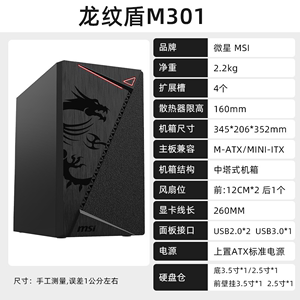 微星龙纹盾M301台式电脑小机箱轻巧紧凑商务MATX主板办公USB3.0简