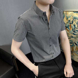 高端纯棉小格子衬衫男短袖夏季薄款韩版修身潮流帅气商务休闲衬衣