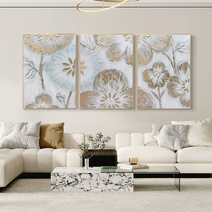 纯手绘油画美式轻奢金箔挂画客厅三联画沙发背景墙装饰画太阳花