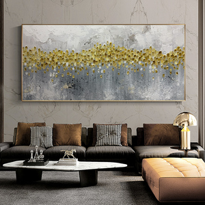 纯手绘油画横版挂画沙发背景墙装饰画轻奢灰色金箔壁画美式后现代