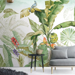 小清新花鸟墙纸北欧手绘热带雨林芭蕉叶壁纸客厅卧室电视背景墙布