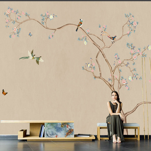 新中式手绘工笔花鸟电视背景墙纸8D沙发卧室床头壁布无缝高端壁画
