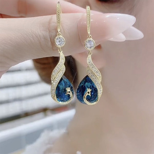设计感时尚蓝色孔雀水晶耳环韩国气质凤凰耳坠高级感轻奢网红耳饰