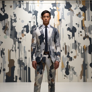 灰白迷彩花纹图案西装套装2024新款流行男士韩版修身休闲西装