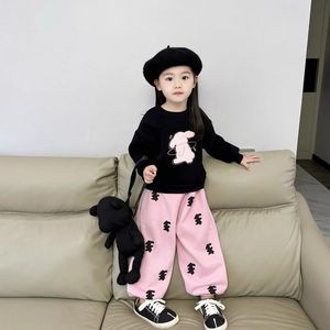 韩国童装2024春秋新款可爱兔子黑色圆领套头卫衣上衣女宝粉色长裤