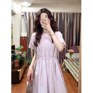 紫色连衣裙 日系风琴褶可收腰显瘦裙子2024新款夏季圆领长款a字裙