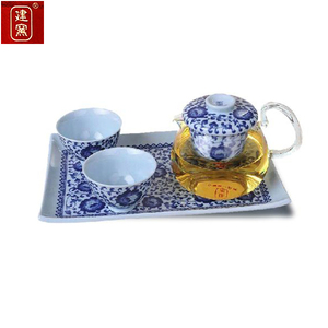 台湾建窑茶玻璃壶陶瓷茶具套装青花牡丹六件玻璃茶海茶盘组