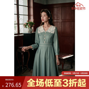 固执秋冬季新款中国风连衣裙蕾丝娃娃领文艺气质绿色格纹长裙6092