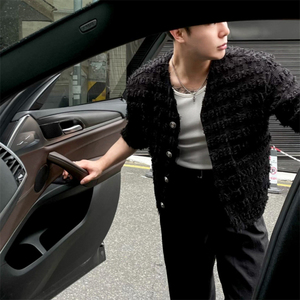 MRDONG韩国男装代购重工流苏毛绒编织V领时尚设计师短袖开衫外套