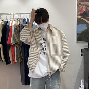 韩国男装代购直播DOT设计师薄款棉质纹理条纹可收腰长袖衬衫外套
