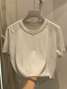 设计感小众珍珠圆领亮丝短袖T恤女2024夏装新款洋气打底衫上衣潮