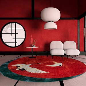 卡乐美卧室地毯客厅新中式国风设计红色仙鹤茶几垫衣帽间床边圆毯