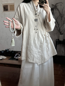 新中式女装春季新品做旧苎麻禅意茶服系带上衣国风中长款棉麻衬衫