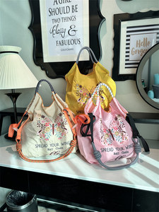 日本代购ball chain刺绣购物环保袋蝴蝶花单肩斜跨手提包大容量包