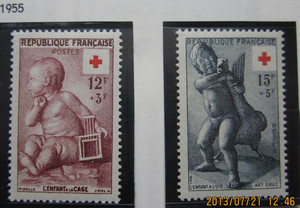 法国邮票1955年儿童与笼子 红十字 附捐票2全 全品 目录12.75美元