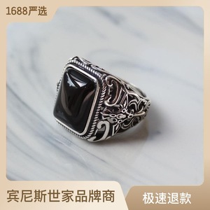 复古S925泰银男士开口戒指男式黑玛瑙创意设计男戒指环饰品