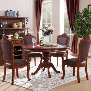 孟涵美式实木餐桌椅组合家用圆桌带转盘欧式别墅吃饭桌子真皮椅子