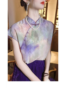 新中式复古轻国风立领衬衣2024年夏季新款真丝盘扣紫色上衣衬衫女