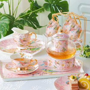 JuSunDe比翼双飞 粉色奢华骨瓷英式下午咖啡杯保温座花茶具玻璃壶
